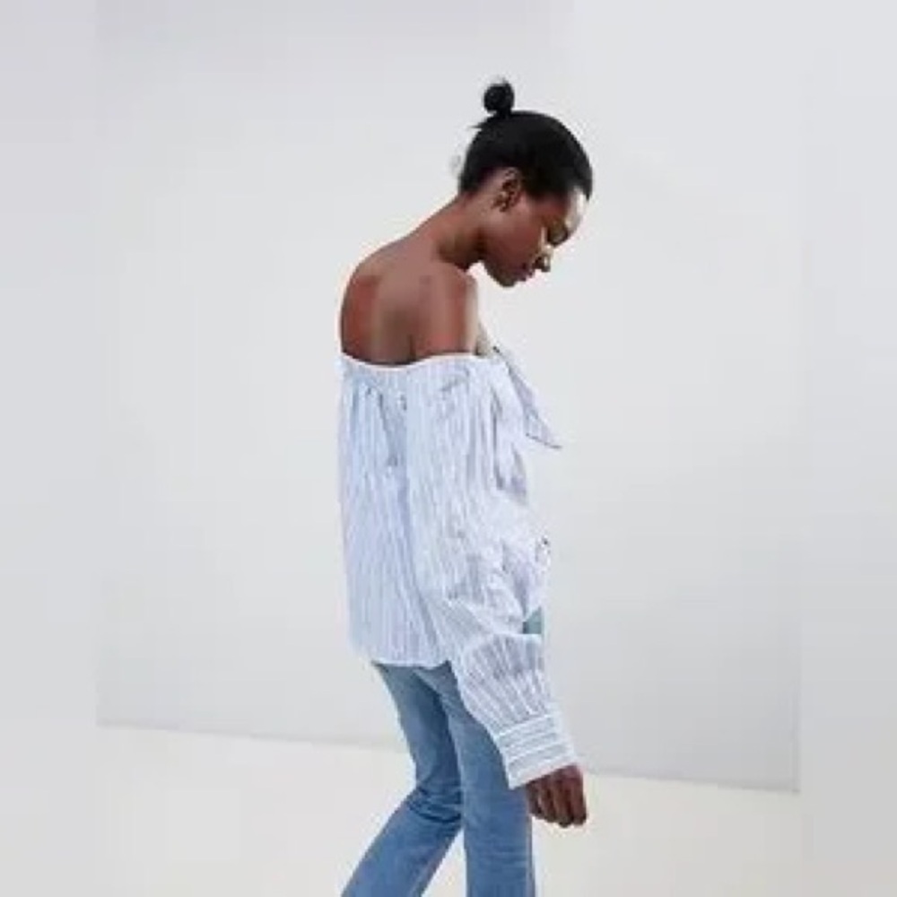 FREE PEOPLE Women’s Hello There Beautiful Blue White Tie Off Shoulder Shirt - Picture 3 of 10